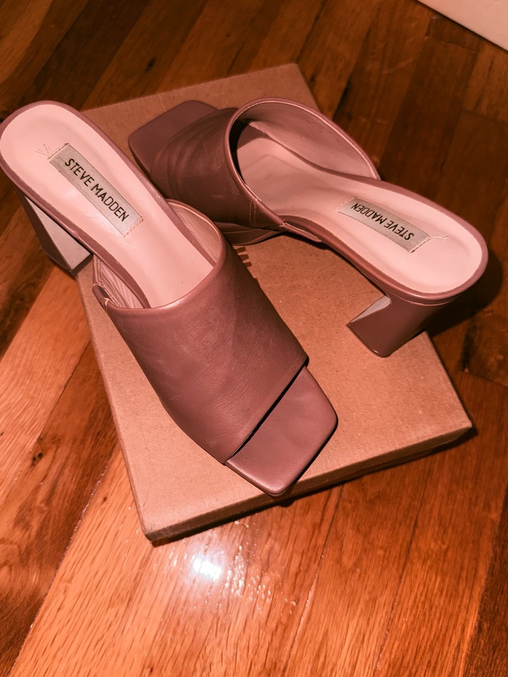 Steve Madden Tan Blush Leather Block Heel Mules Worn 1x